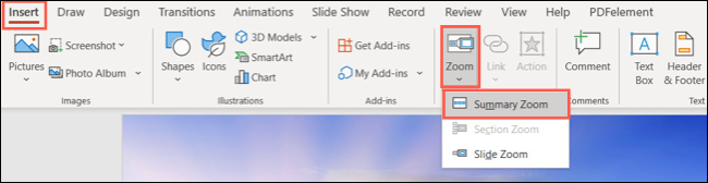Summary Zoom in Links on the Insert tab