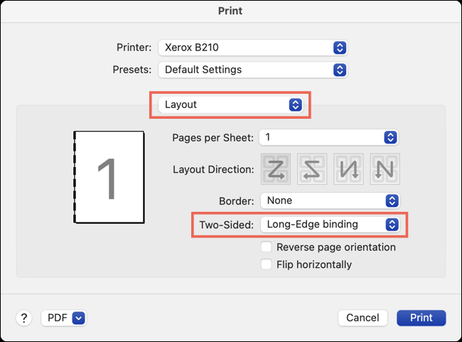 Imprima con encuadernación de borde largo en Word en Mac
