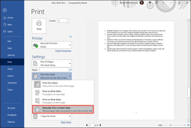 Imprimir manualmente en ambos lados en Word en Windows