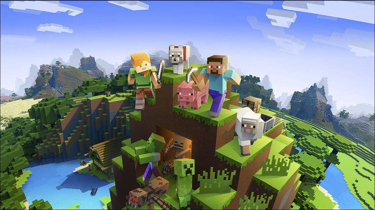 Jugadores de Minecraft rodeados de mobs en la cima de una montaña.