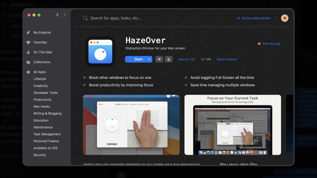 Aplicación HazeOver mostrada en Setapp