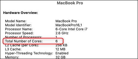 El número total de núcleos en Mac.