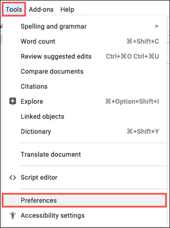 Herramientas, Preferencias en Google Docs