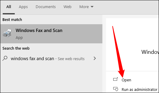 Busque "Fax y Escáner de Windows" en el menú Inicio, luego presione Entrar o haga clic en "Abrir".