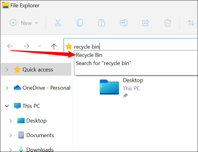 Escriba "papelera de reciclaje" en la barra de direcciones, luego haga clic en "Papelera de reciclaje".