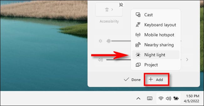 En la Configuración rápida de Windows 11, haga clic en "Agregar", luego seleccione "Luz nocturna".