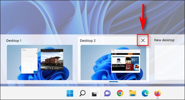 Haga clic en la "X" en la miniatura de un escritorio virtual para cerrar el escritorio virtual en Windows 11.