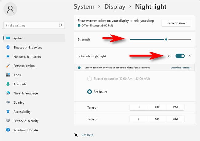 Cambiar las opciones de luz nocturna en la configuración de Windows.