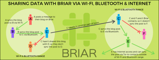 Diagrama de Briar que muestra cómo se puede transmitir la información entre clientes que no están conectados directamente.
