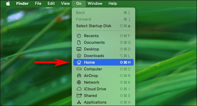 En Finder en Mac, use el menú Ir y haga clic en "Inicio".