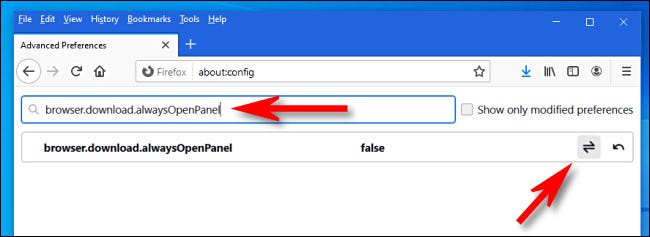 En Firefox, cambia "browser.download.alwaysOpenPanel" a "False".