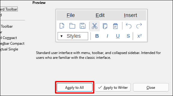 Presiona "Aplicar a todos" para guardar tu configuración en todas las aplicaciones de LibreOffice.