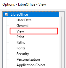Haga clic en "Ver" en el árbol de opciones de LibreOffice.