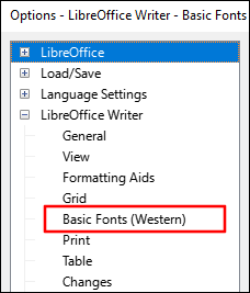Haga clic en "Fuentes básicas (occidentales)" en el árbol de LibreOffice Writer.