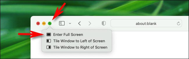 Haz clic en el círculo verde o selecciona "Entrar en pantalla completa".
