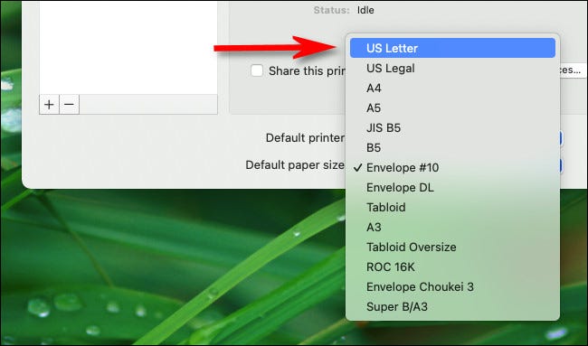 En Preferencias del sistema Mac, en el menú "Tamaño de papel predeterminado", seleccione el tamaño de papel de la impresora que desea utilizar.