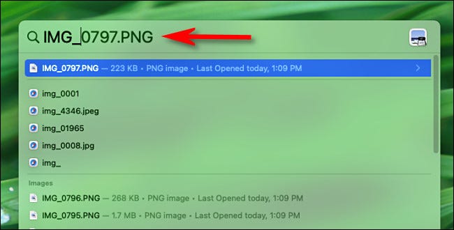 Escriba un nombre de archivo en Mac Spotlight Search.