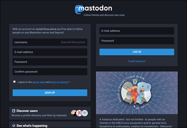 Una pantalla de registro de Mastodon.