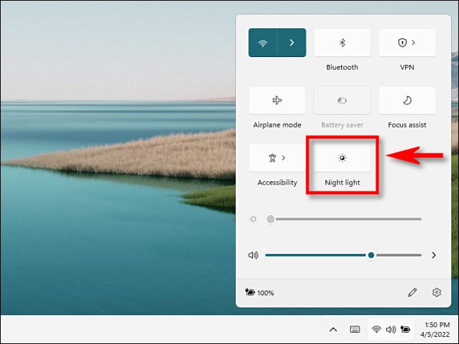 En la configuración rápida de Windows 11, haga clic en "Luz nocturna".