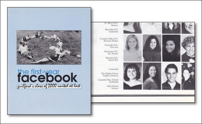 La portada y el extracto del directorio de Facebook de Guilford College de 2000.