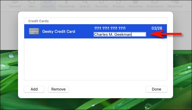 Haga clic en un campo de entrada de tarjeta de crédito para editarlo.