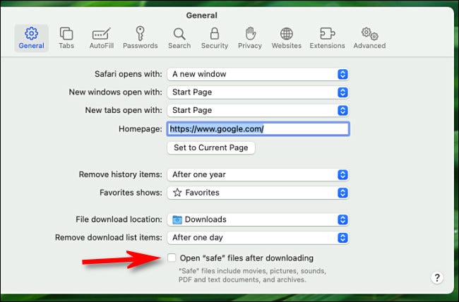 En las preferencias generales de Safari en Mac, desmarque "Abrir archivos 'seguros' después de la descarga".