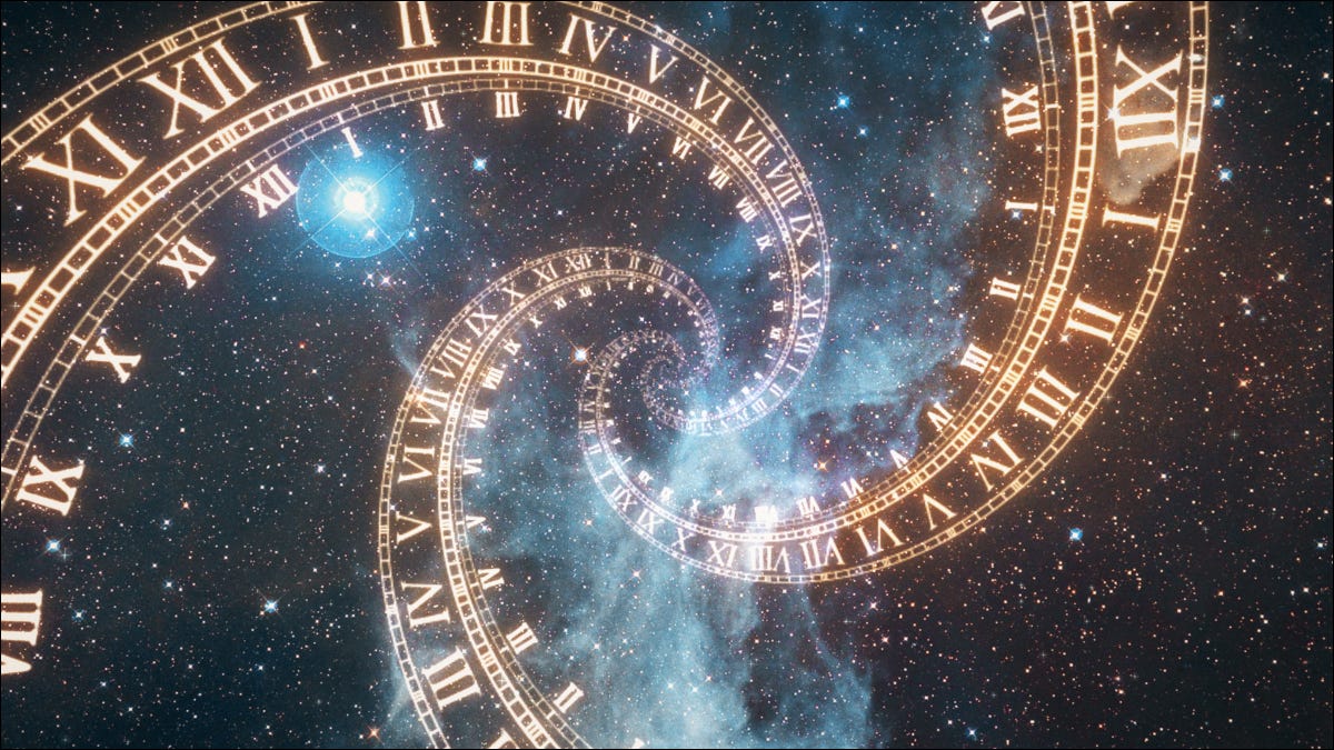 Los números romanos que representan el tiempo forman un remolino giratorio en el espacio cósmico.