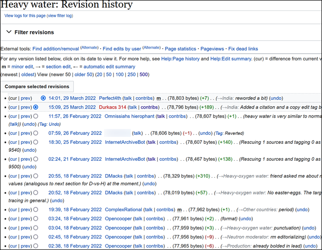 Historial de revisiones en el artículo de wikipedia sobre Heavy Water.