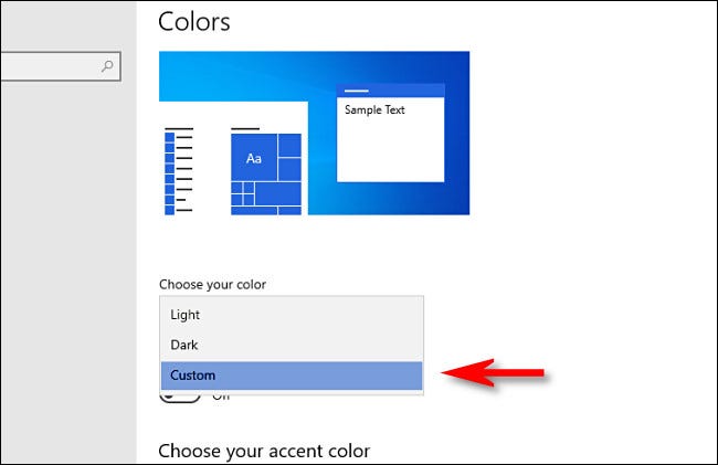 En la configuración de Windows, en "Elija su color", seleccione "Personalizar".