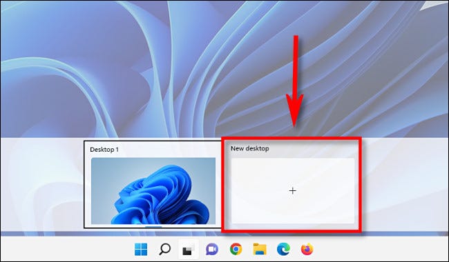 En Vista de tareas en Windows 11, haga clic en el botón "Nuevo escritorio" para crear un nuevo escritorio virtual.