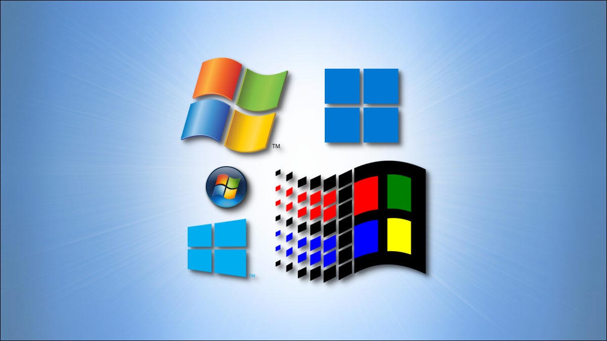 Cinco logotipos históricos de Microsoft Windows sobre un fondo azul