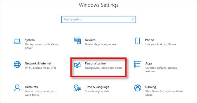 En Configuración de Windows 10, haga clic en "Personalización".