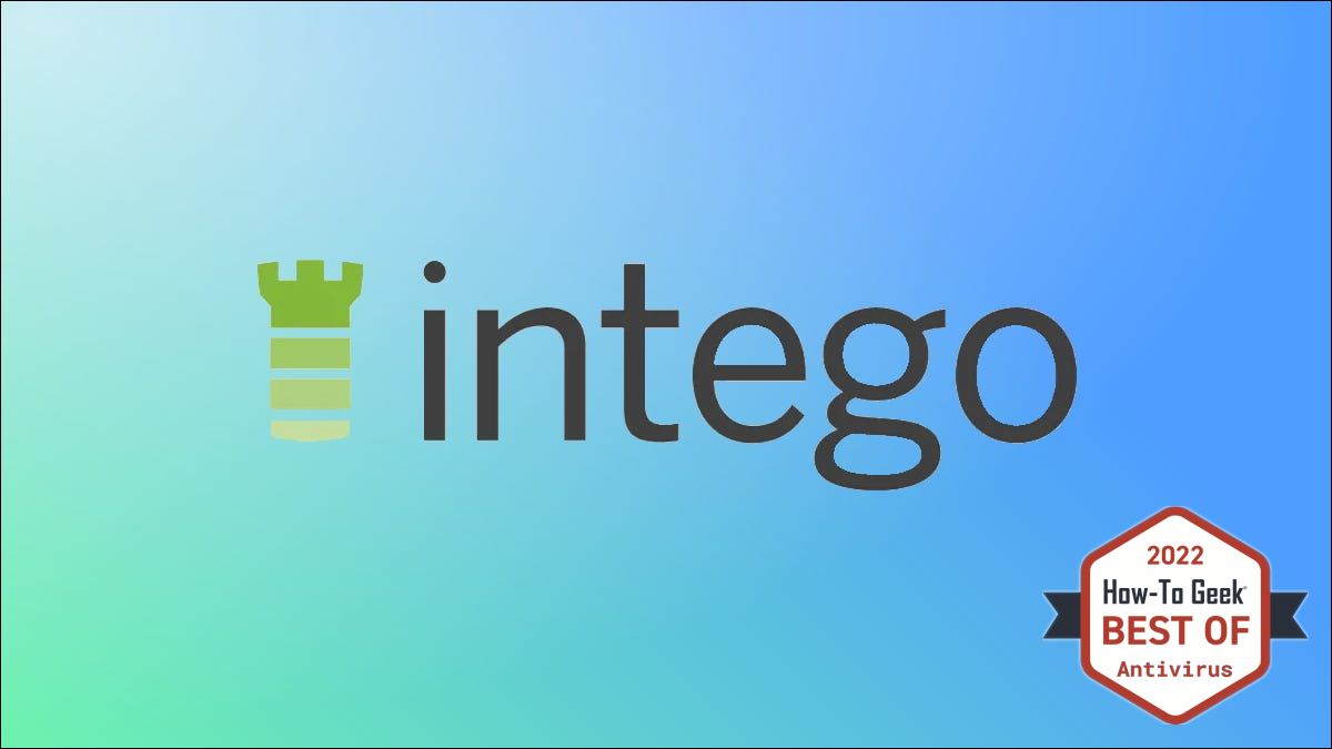 Logotipo de Intego sobre fondo verde y azul