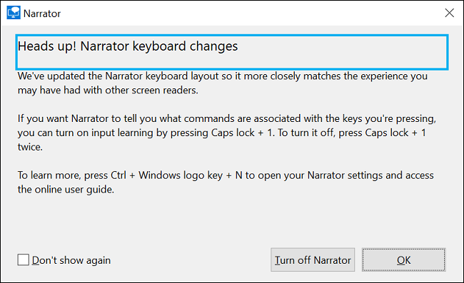 Desactive el Narrador de Windows con un atajo de teclado.