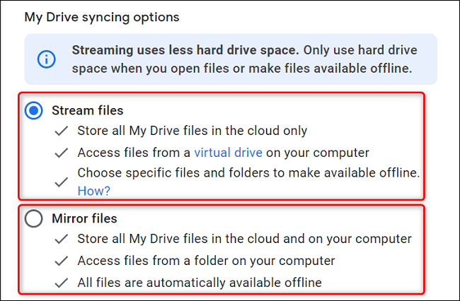 Elija "Stream Files" o "Mirror Files" a la derecha.