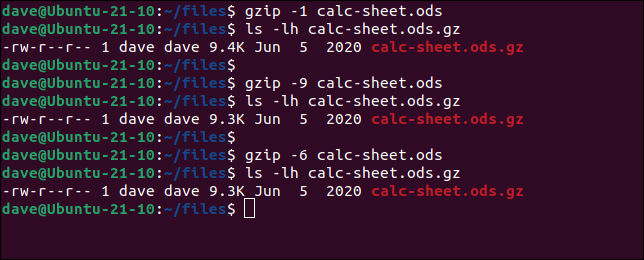 Uso de gzip con diferentes prioridades de velocidad y compresión