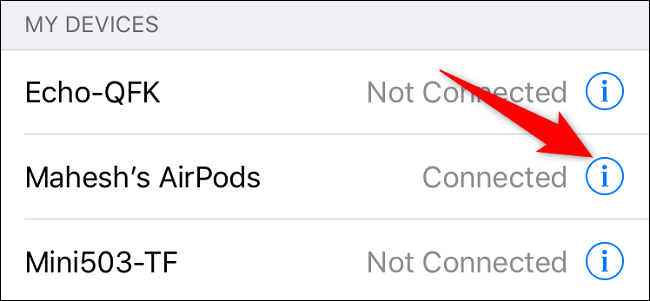Toque "i" junto a los AirPods.