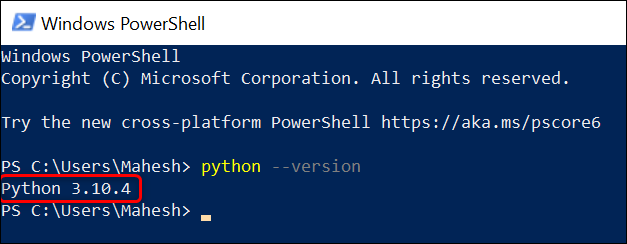 Ver la versión de Python en PowerShell.