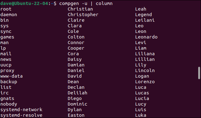 Uso de los comandos compgen y column para enumerar los nombres de cuentas de usuario del archivo /etc/passwd en columnas