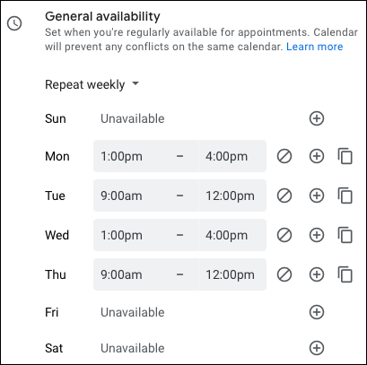 Días y horarios de disponibilidad general