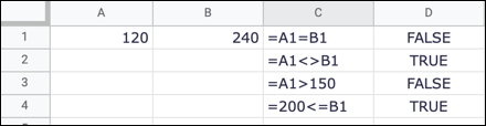 Fórmulas de operadores de comparación en Hojas de cálculo de Google
