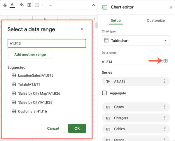 Rango de datos para el gráfico de tabla