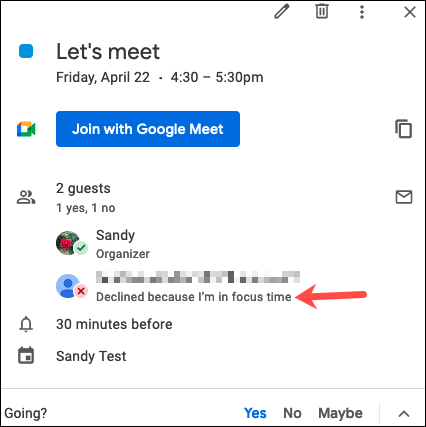 Mensaje de rechazo de reunión en Google Calendar