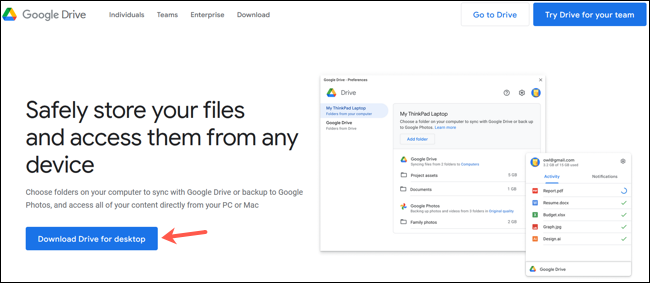 Página de descarga de Google Drive para escritorio