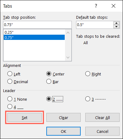 Tabulador editado en la configuración