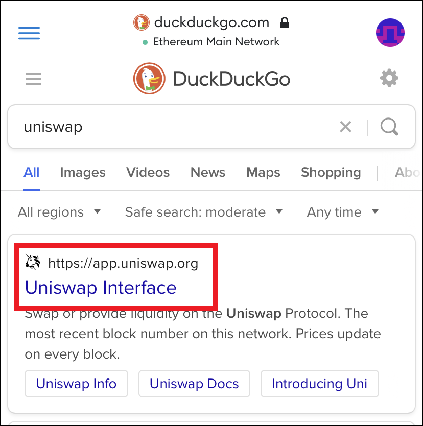 Enlace de la interfaz Uniswap resaltado en los resultados de búsqueda.