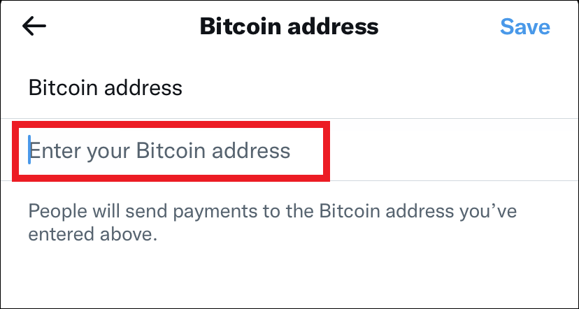 Ingrese el cuadro de texto de la dirección de Bitcoin resaltado.