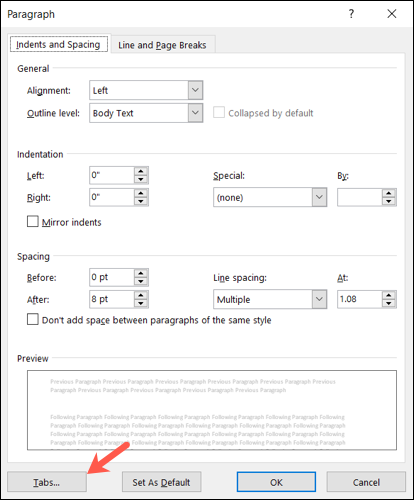 Fichas de acceso en la configuración de párrafo