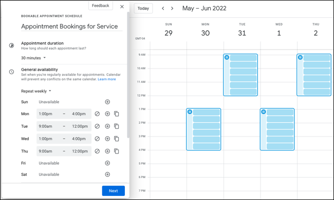 Barra lateral de configuración del horario de citas