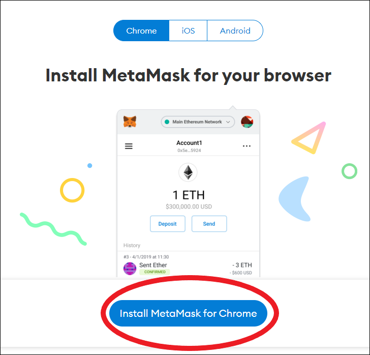 Página de instalación de MetaMask con el botón de instalación en un círculo.